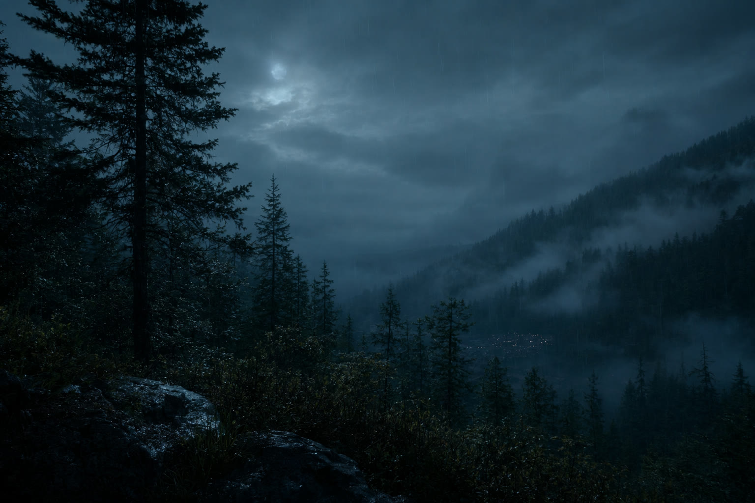 A forest beyond the window of a sheltered cabin